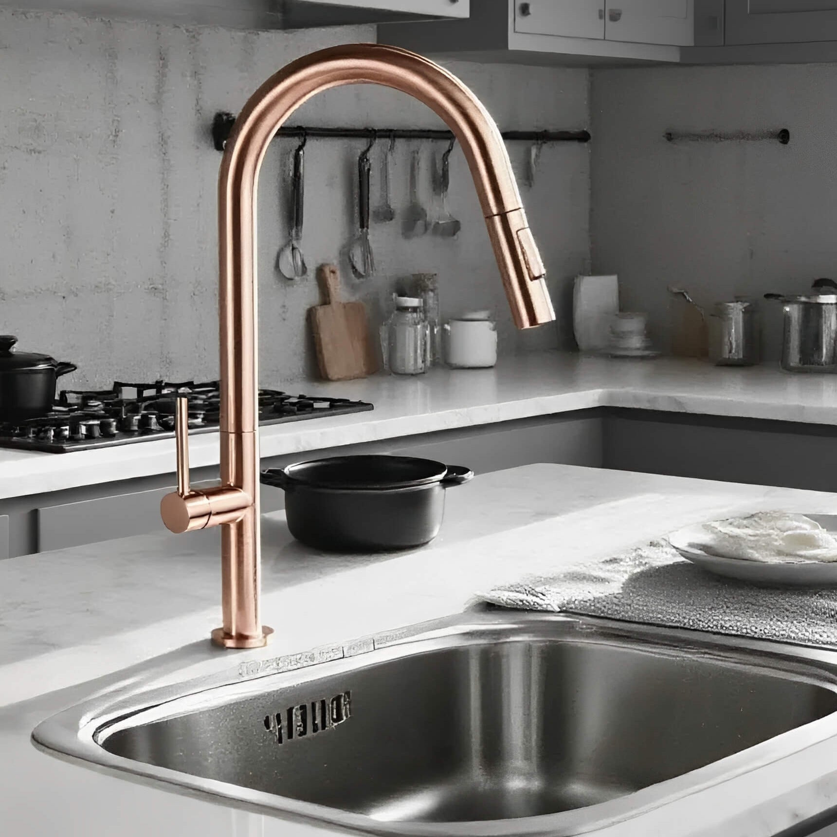 Designer kitchen faucet with spring-return pull-down sprayer
