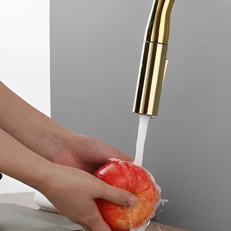 Kitchen faucet with tall brass body and pull-down dual-spray sprayer