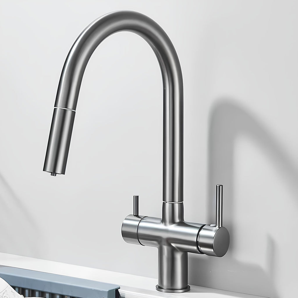 Kitchen faucet with pull-down sprayer, 360° swivel, and filtered water outlet