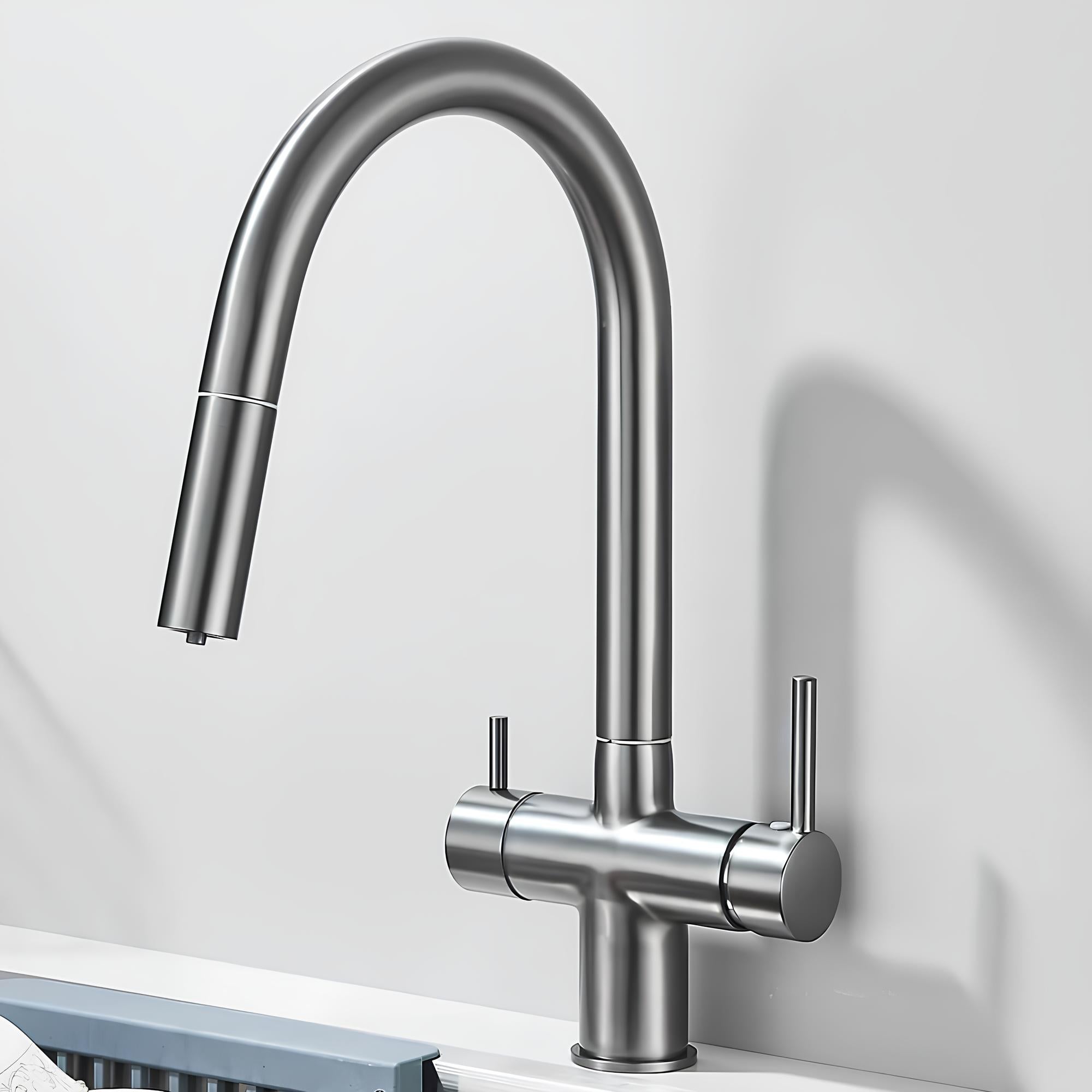 Kitchen faucet with pull-down sprayer, 360° swivel, and filtered water outlet
