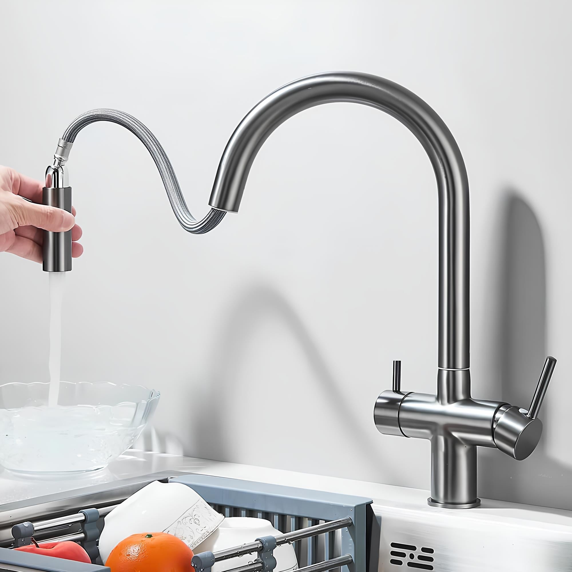Kitchen faucet with pull-down sprayer, 360° swivel, and filtered water outlet