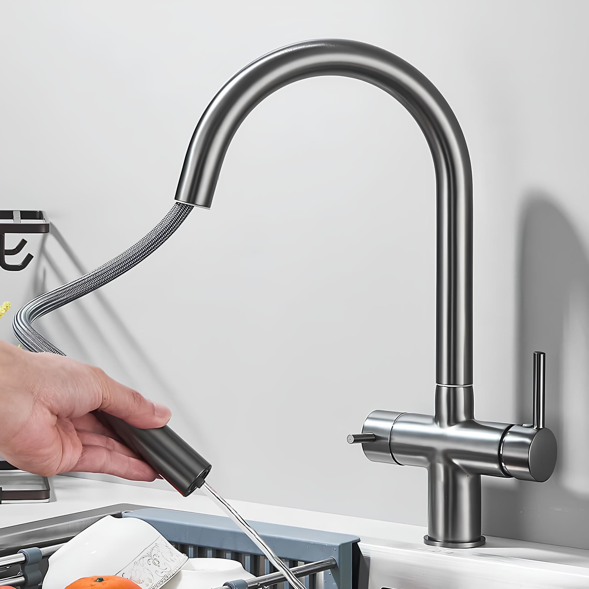 Kitchen faucet with pull-down sprayer, 360° swivel, and filtered water outlet