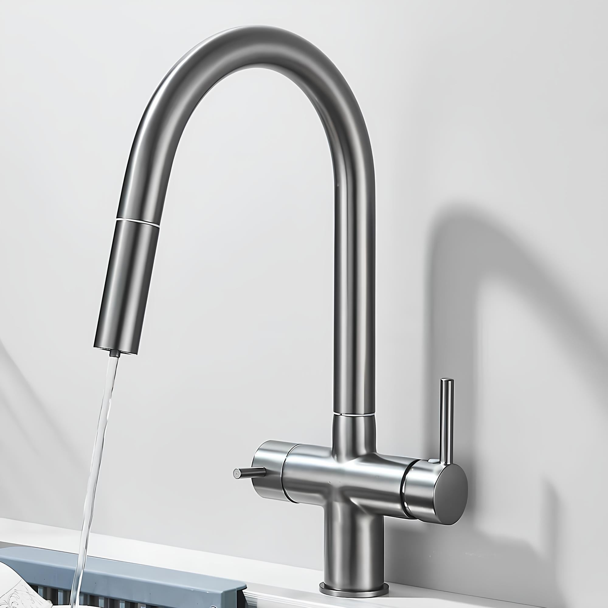 Kitchen faucet with pull-down sprayer, 360° swivel, and filtered water outlet