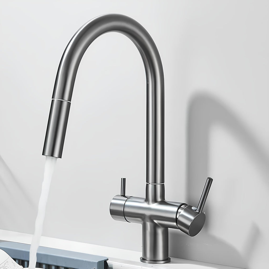 Kitchen faucet with pull-down sprayer, 360° swivel, and filtered water outlet