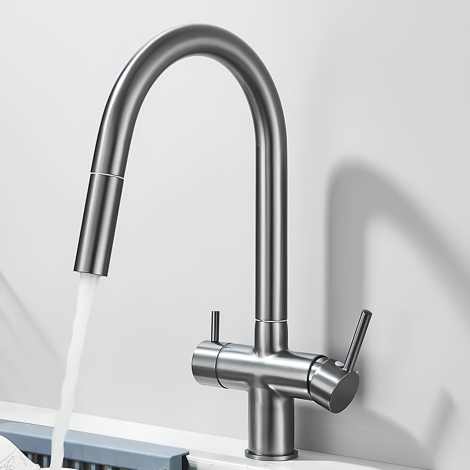 Kitchen faucet with pull-down sprayer, 360° swivel, and filtered water outlet