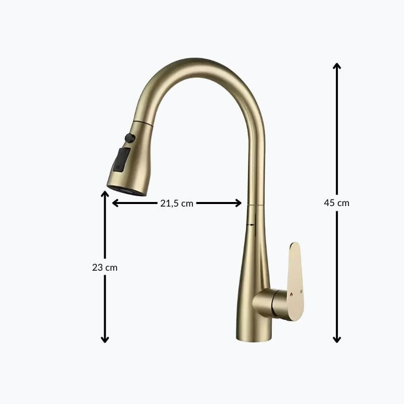 Kitchen faucet with pull-down sprayer and 360° swivel in polished brass