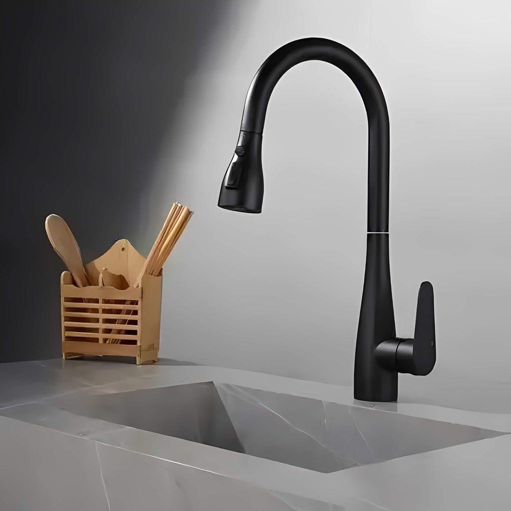 Kitchen faucet with pull-down sprayer and 360° swivel in polished brass