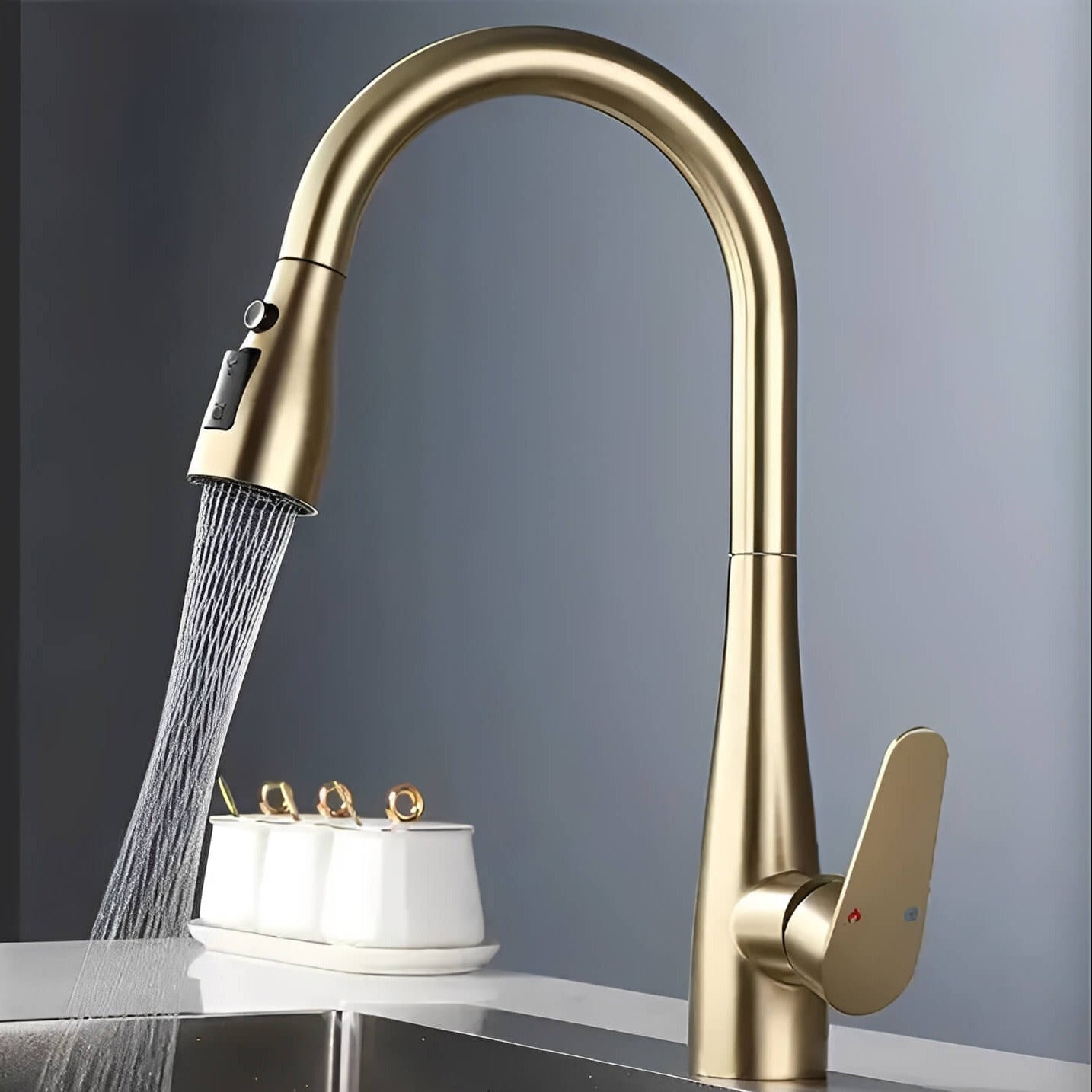 Kitchen faucet with pull-down sprayer and 360° swivel in polished brass