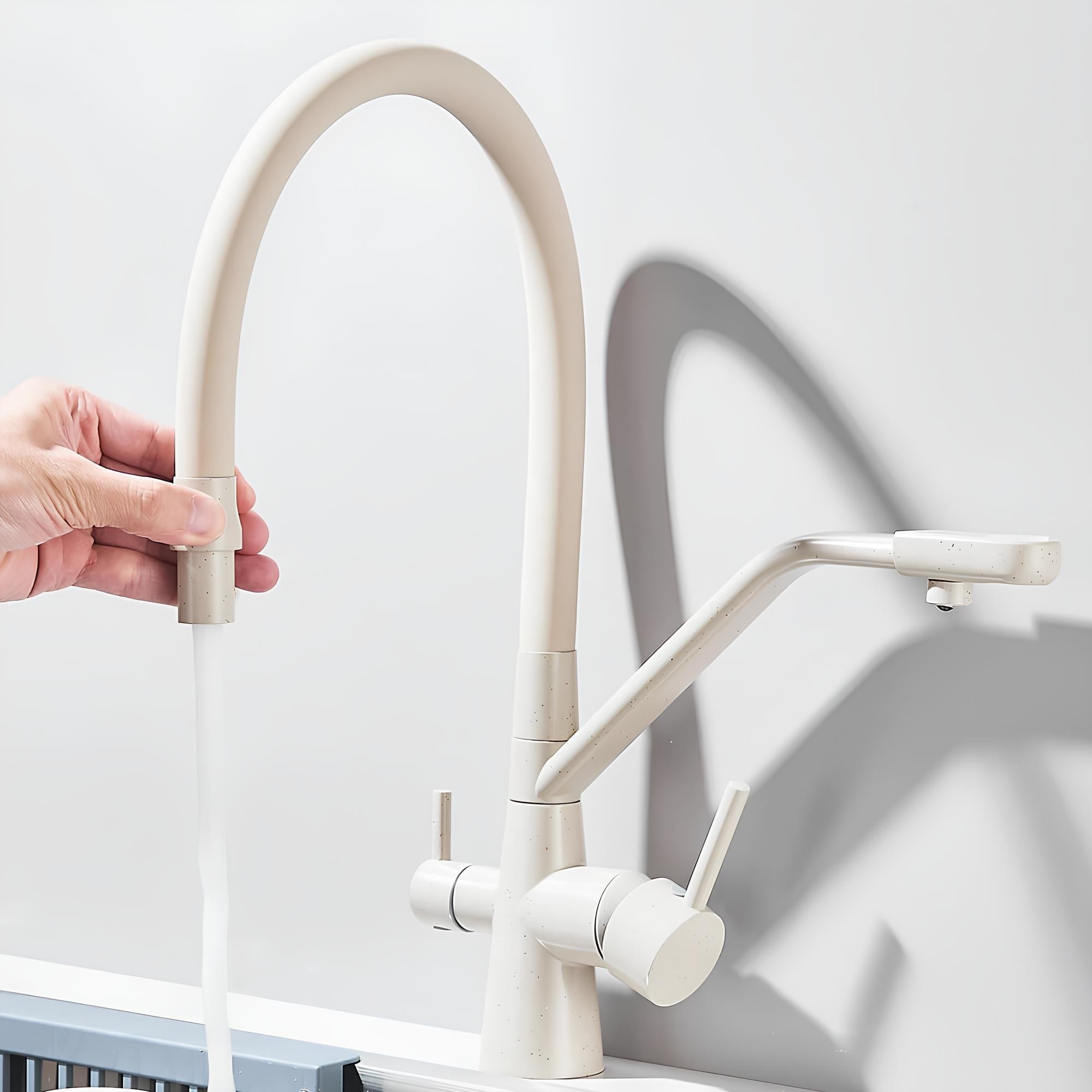 3-in-1 kitchen faucet with filtered water outlet and 360 degree swivel spout