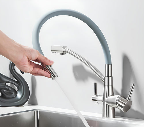 3-in-1 kitchen faucet with filtered water outlet and 360 degree swivel spout