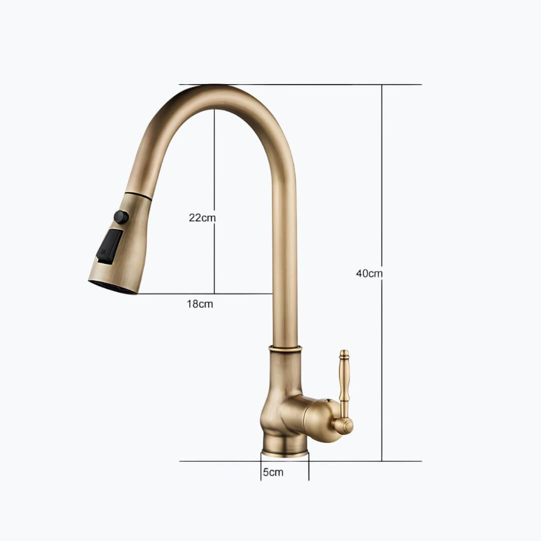 Antique brass kitchen faucet with vintage patina and pull-down sprayer