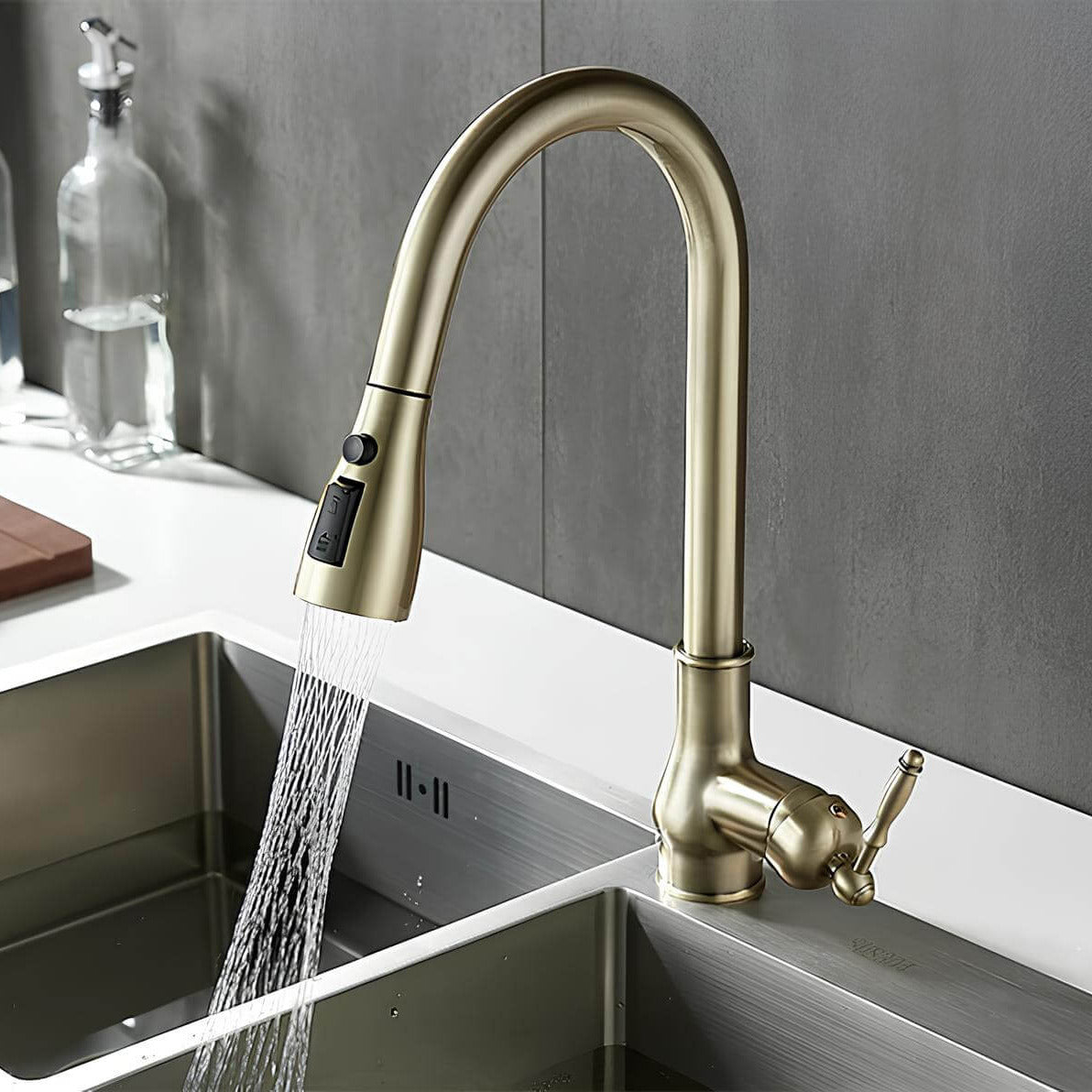 Antique brass kitchen faucet with vintage patina and pull-down sprayer