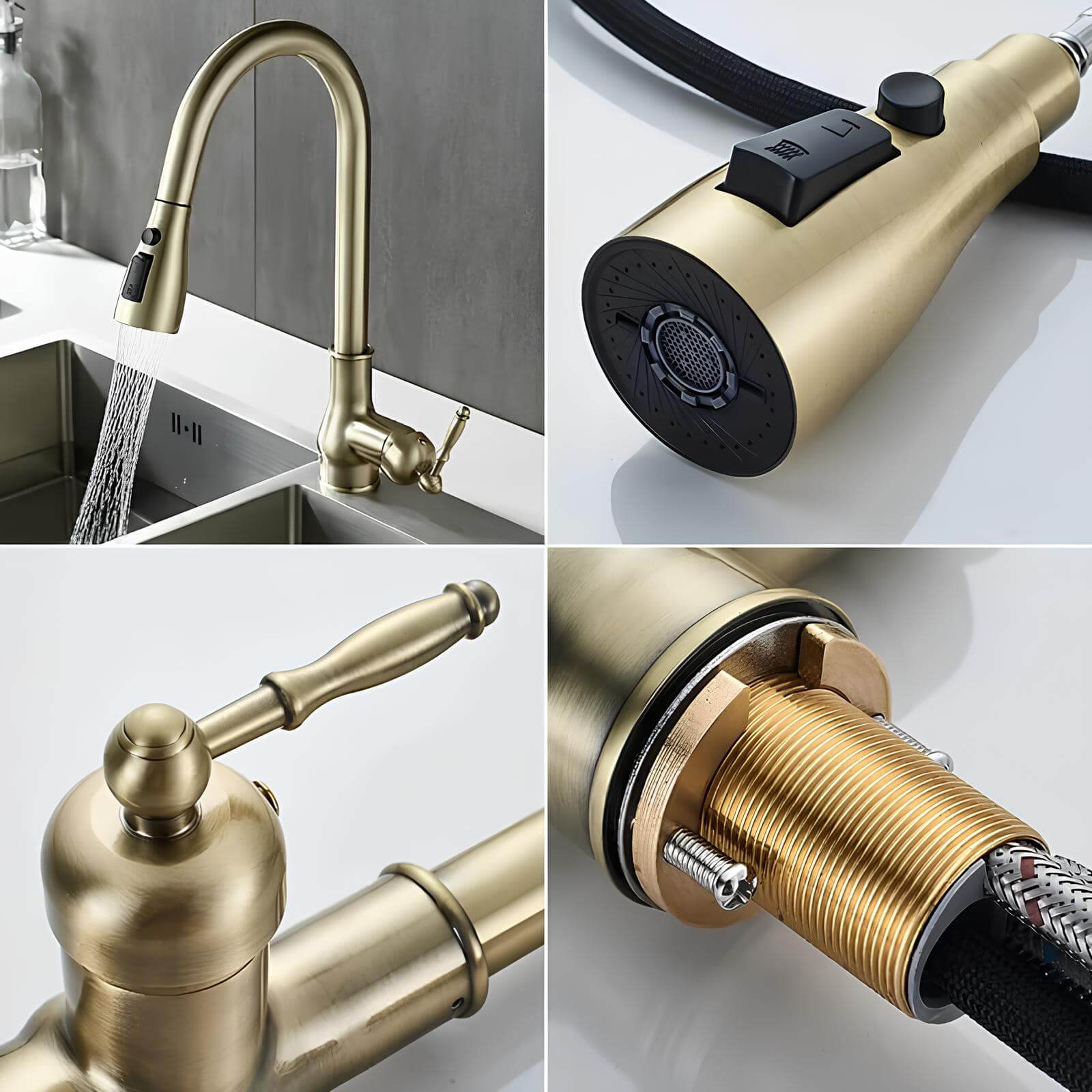 Antique brass kitchen faucet with vintage patina and pull-down sprayer