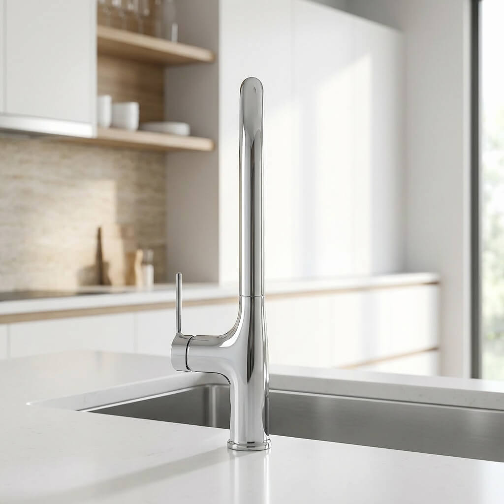 Kitchen faucet with tall brass body and pull-down dual-spray sprayer