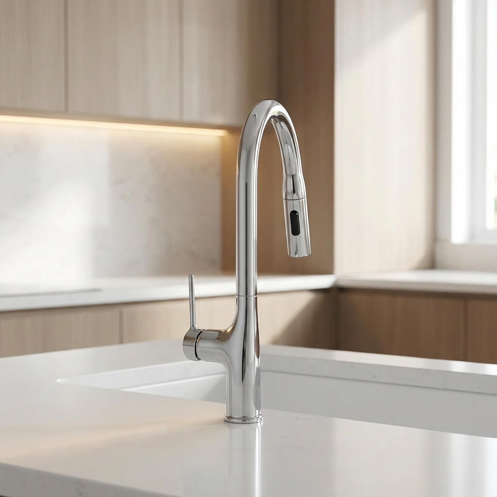 Kitchen faucet with tall brass body and pull-down dual-spray sprayer
