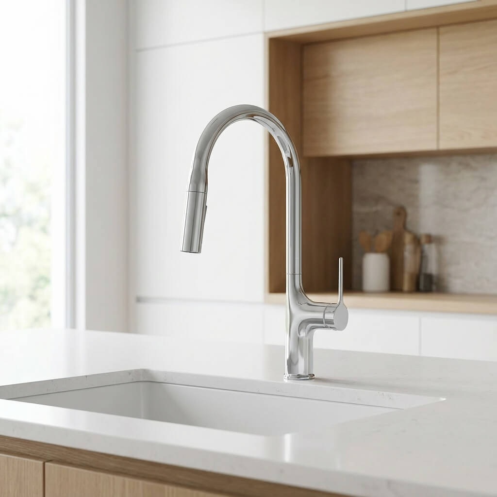 Kitchen faucet with tall brass body and pull-down dual-spray sprayer