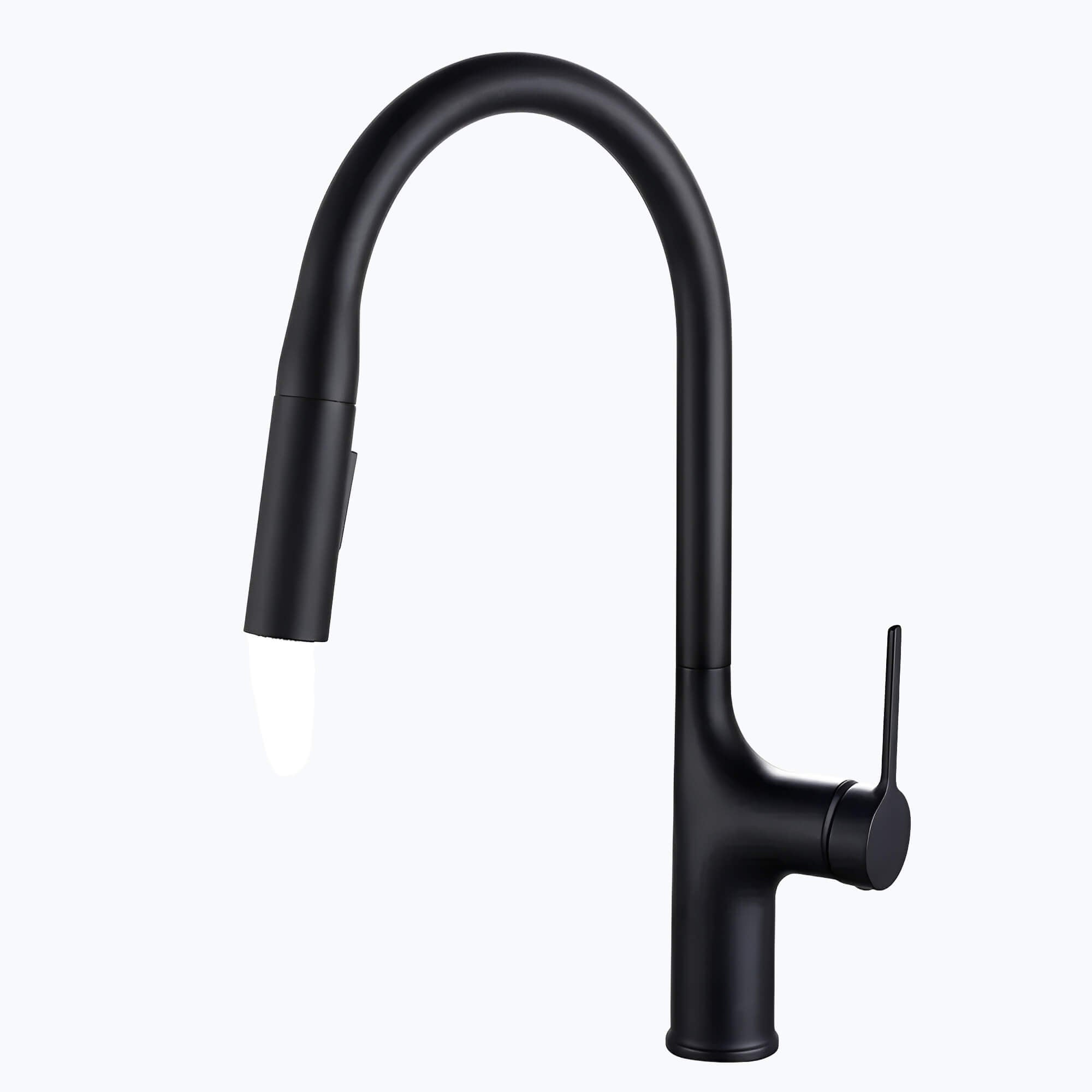 Kitchen faucet with tall brass body and pull-down dual-spray sprayer