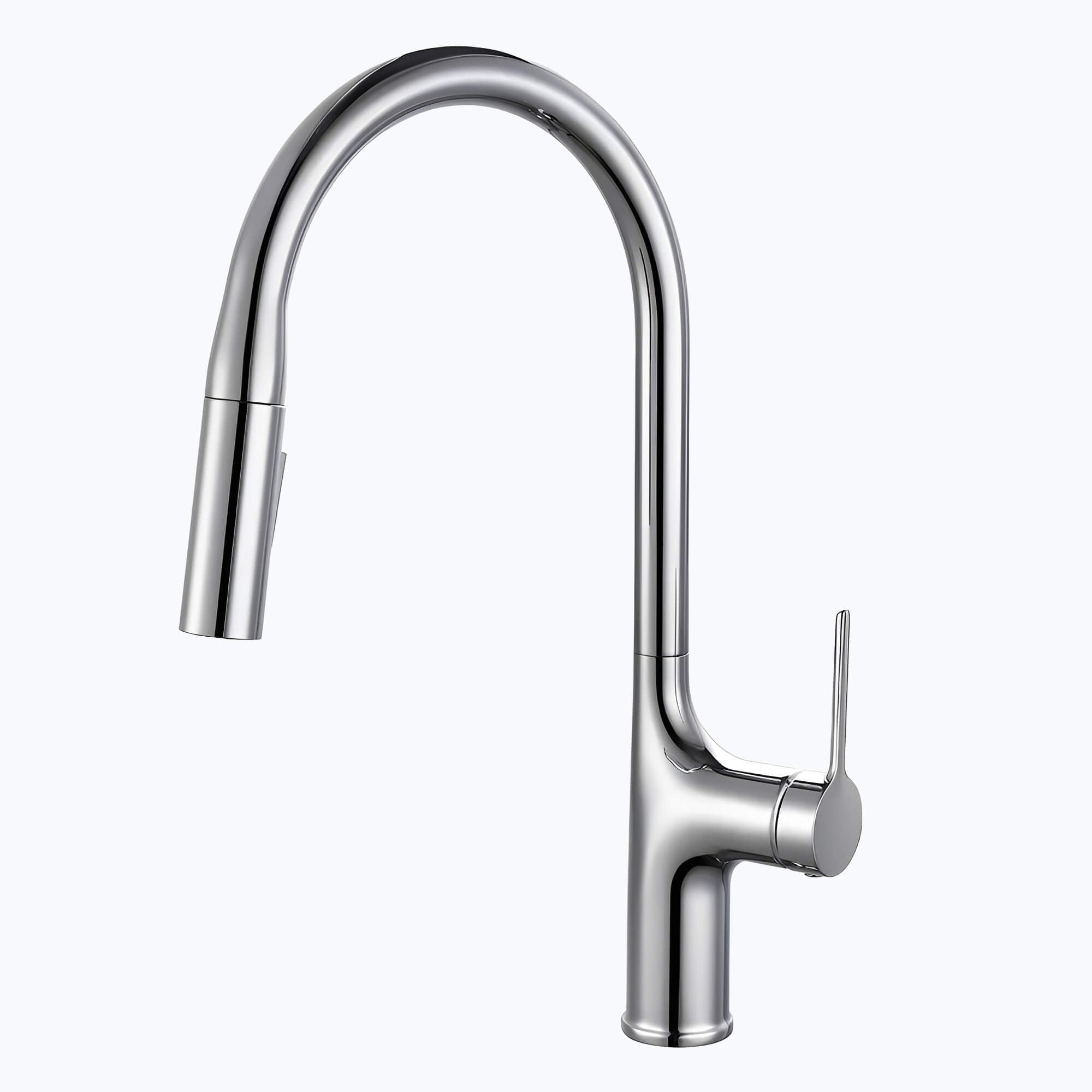 Kitchen faucet with tall brass body and pull-down dual-spray sprayer