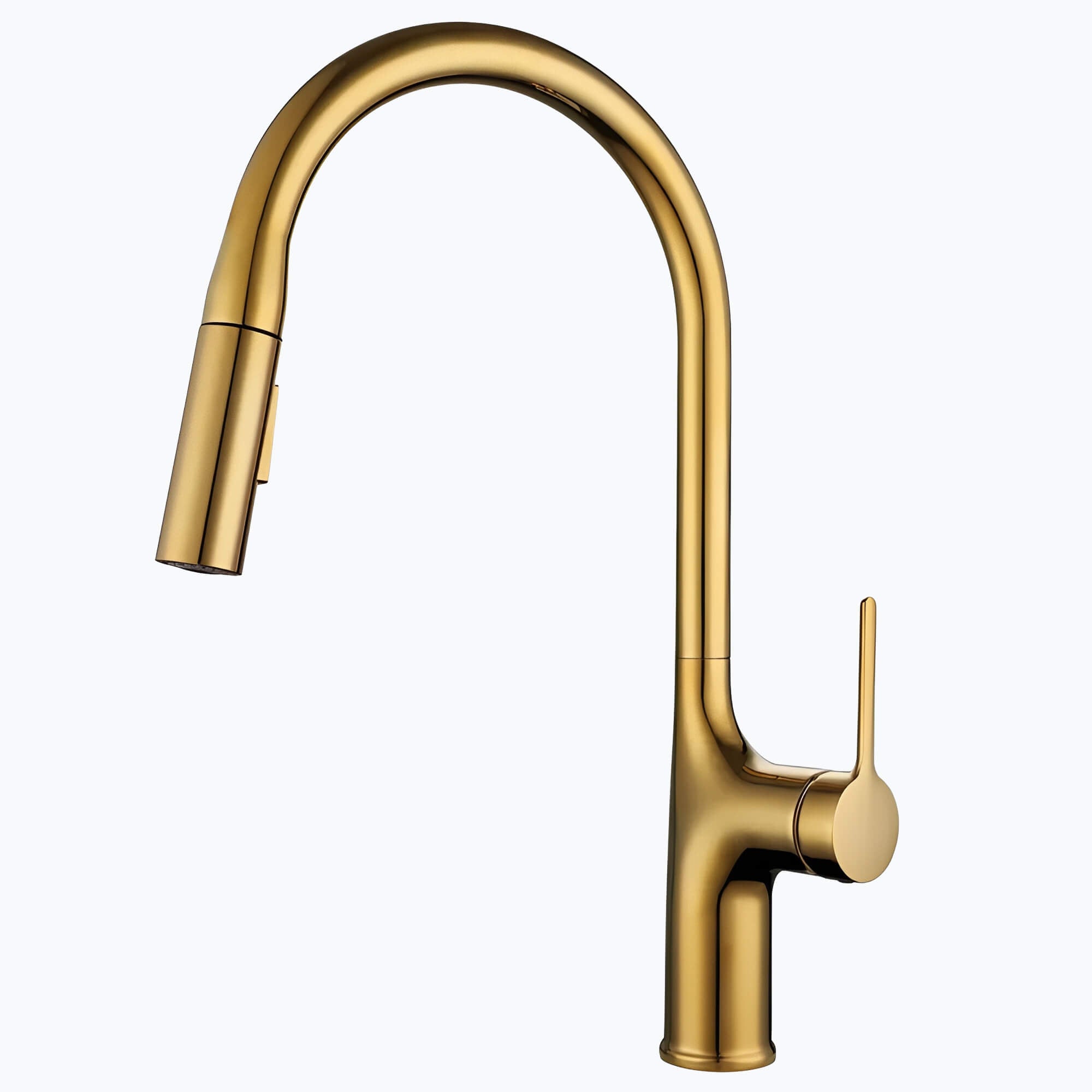 Kitchen faucet with tall brass body and pull-down dual-spray sprayer