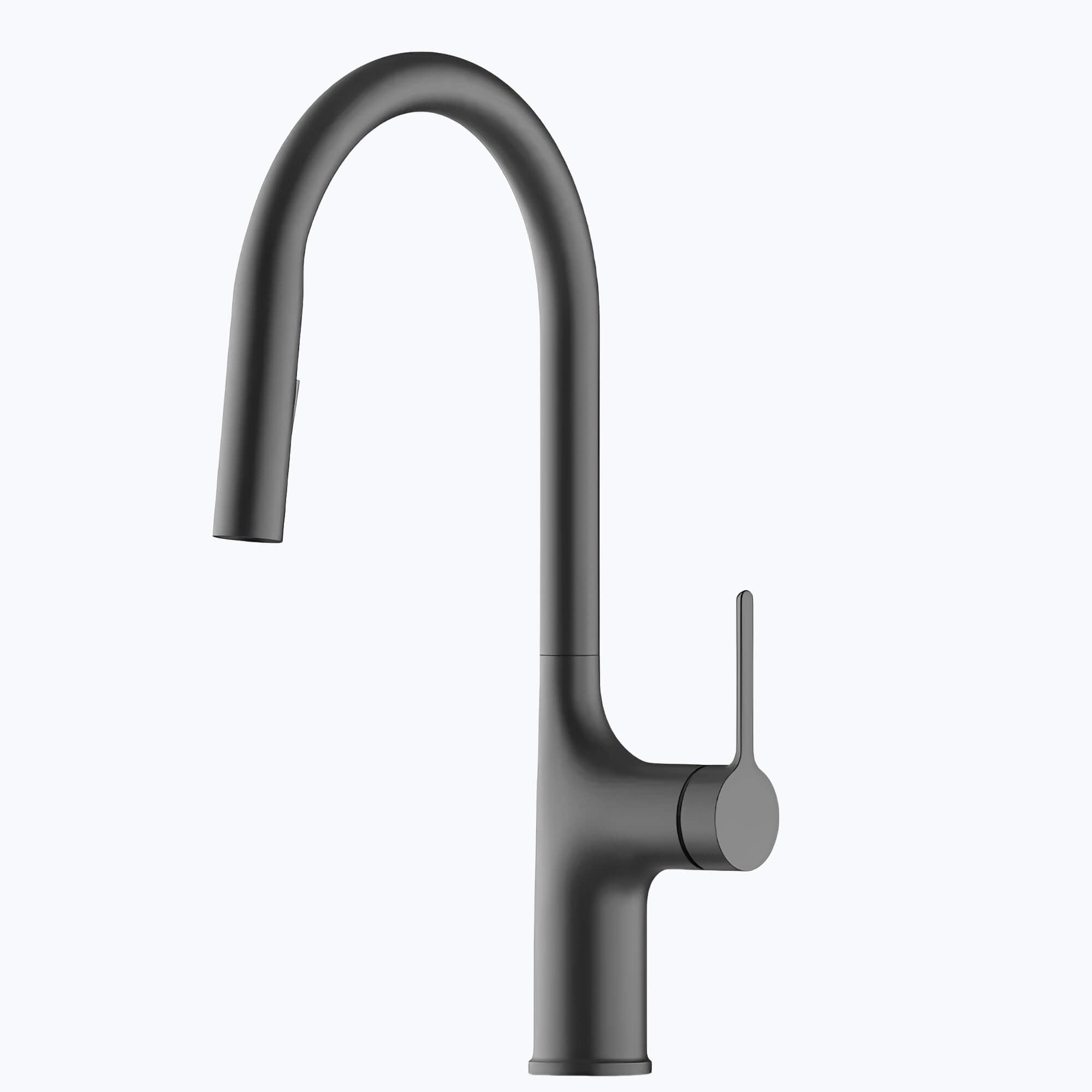 Kitchen faucet with tall brass body and pull-down dual-spray sprayer