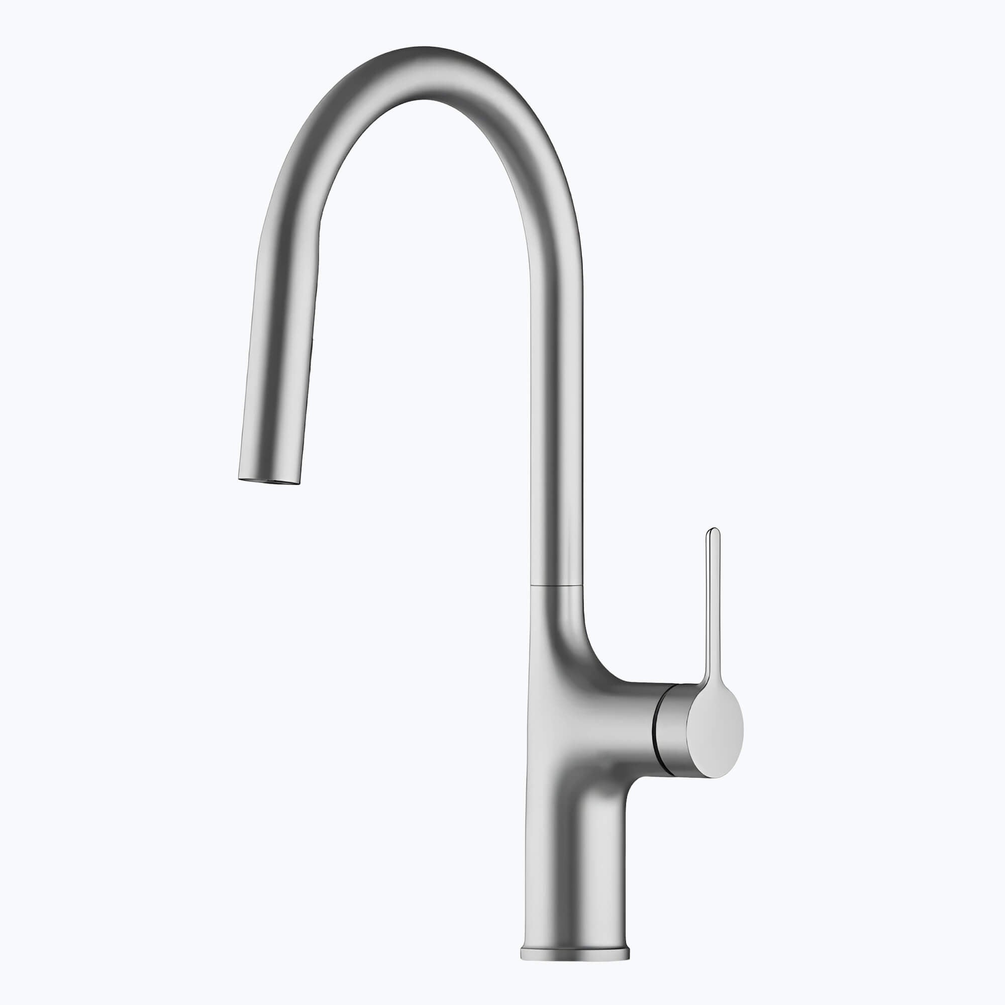 Kitchen faucet with tall brass body and pull-down dual-spray sprayer