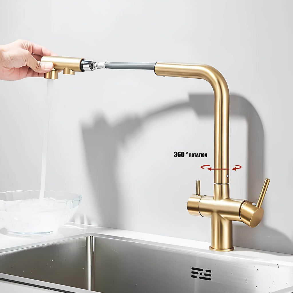 3-in-1 filtered water kitchen faucet with pull-down sprayer and dual channels
