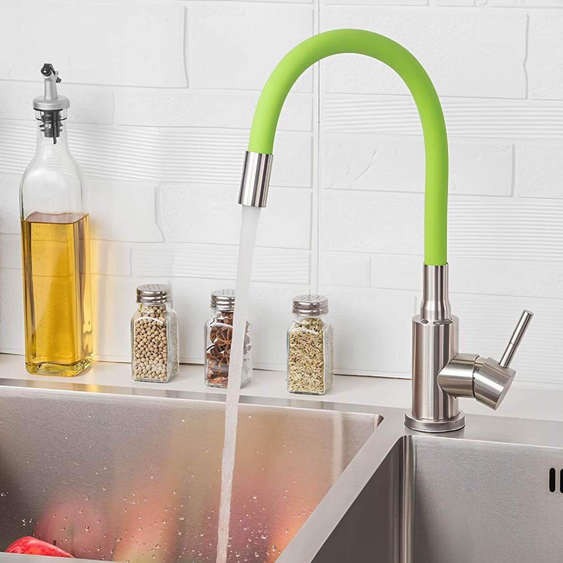 Flexible gooseneck kitchen faucet with colored bendable silicone spout