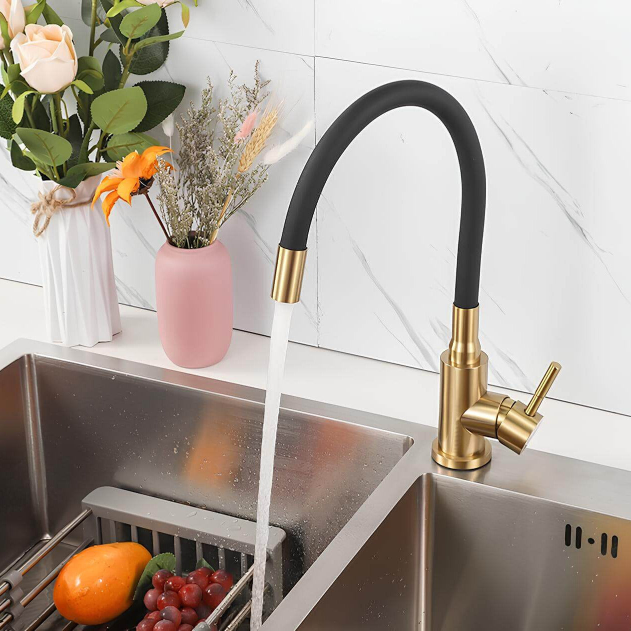 Flexible gooseneck kitchen faucet with colored bendable silicone spout