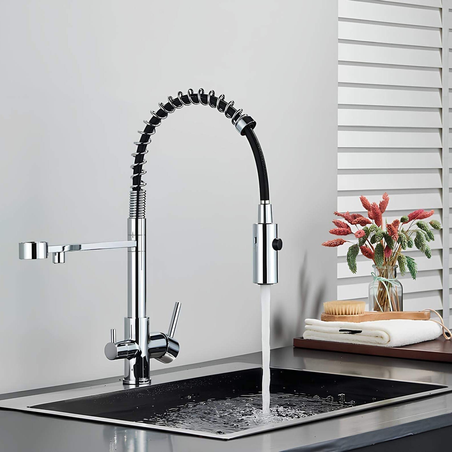 Kitchen faucet with dual handles and dedicated filtered water outlet