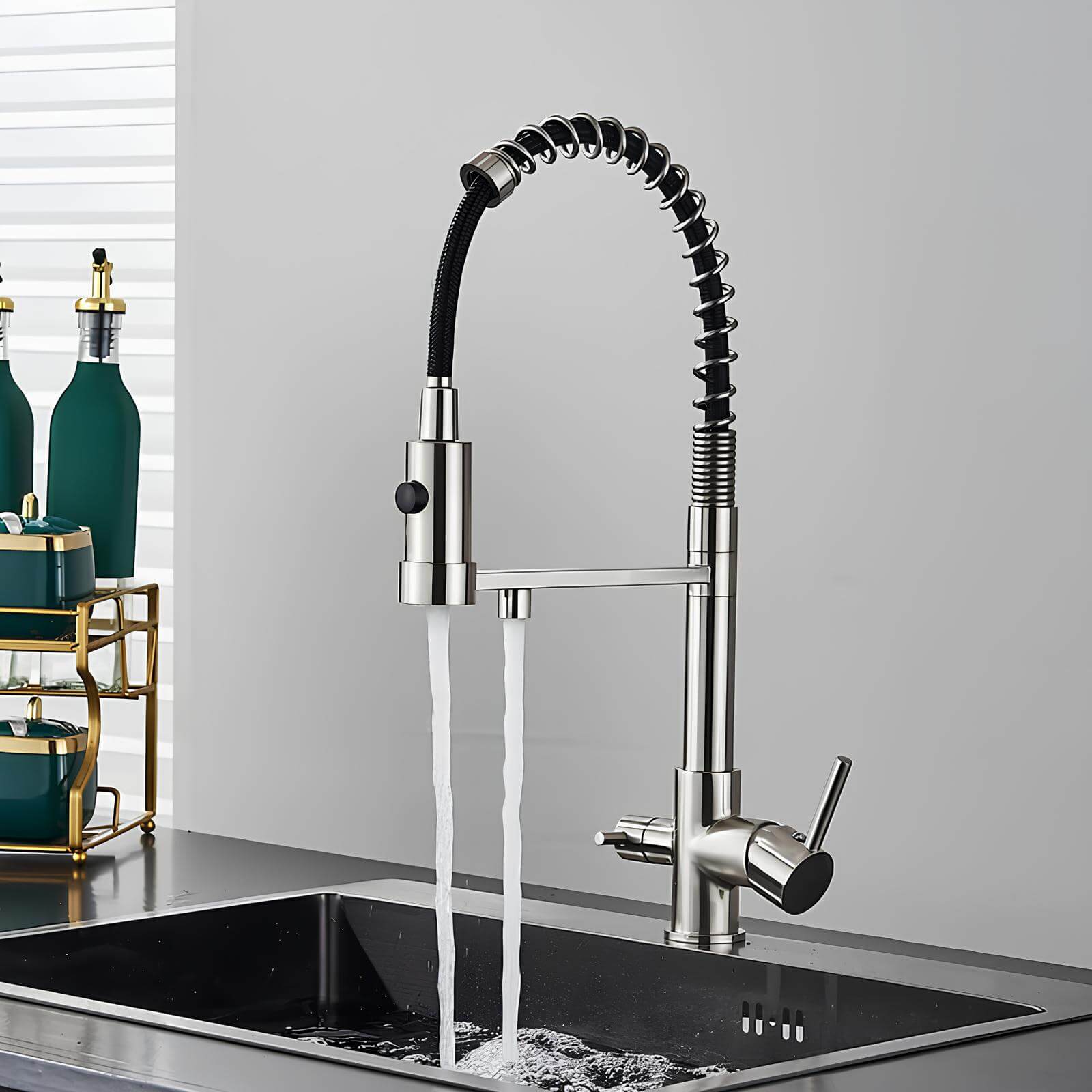 Kitchen faucet with dual handles and dedicated filtered water outlet