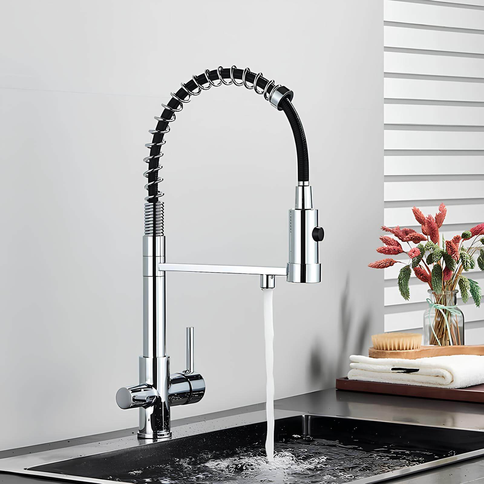 Kitchen faucet with dual handles and dedicated filtered water outlet