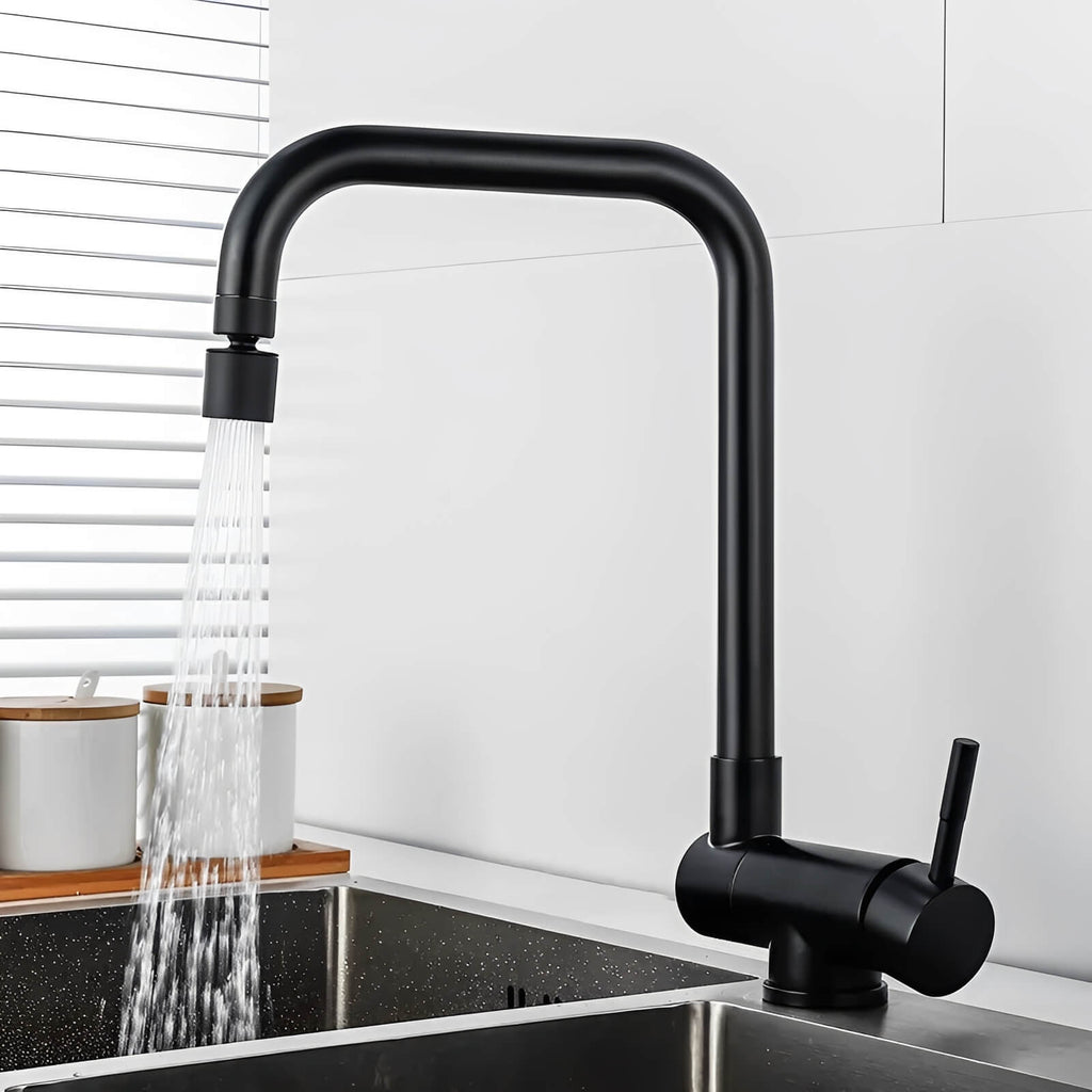 Folding kitchen faucet in stainless steel with dual-axis rotation