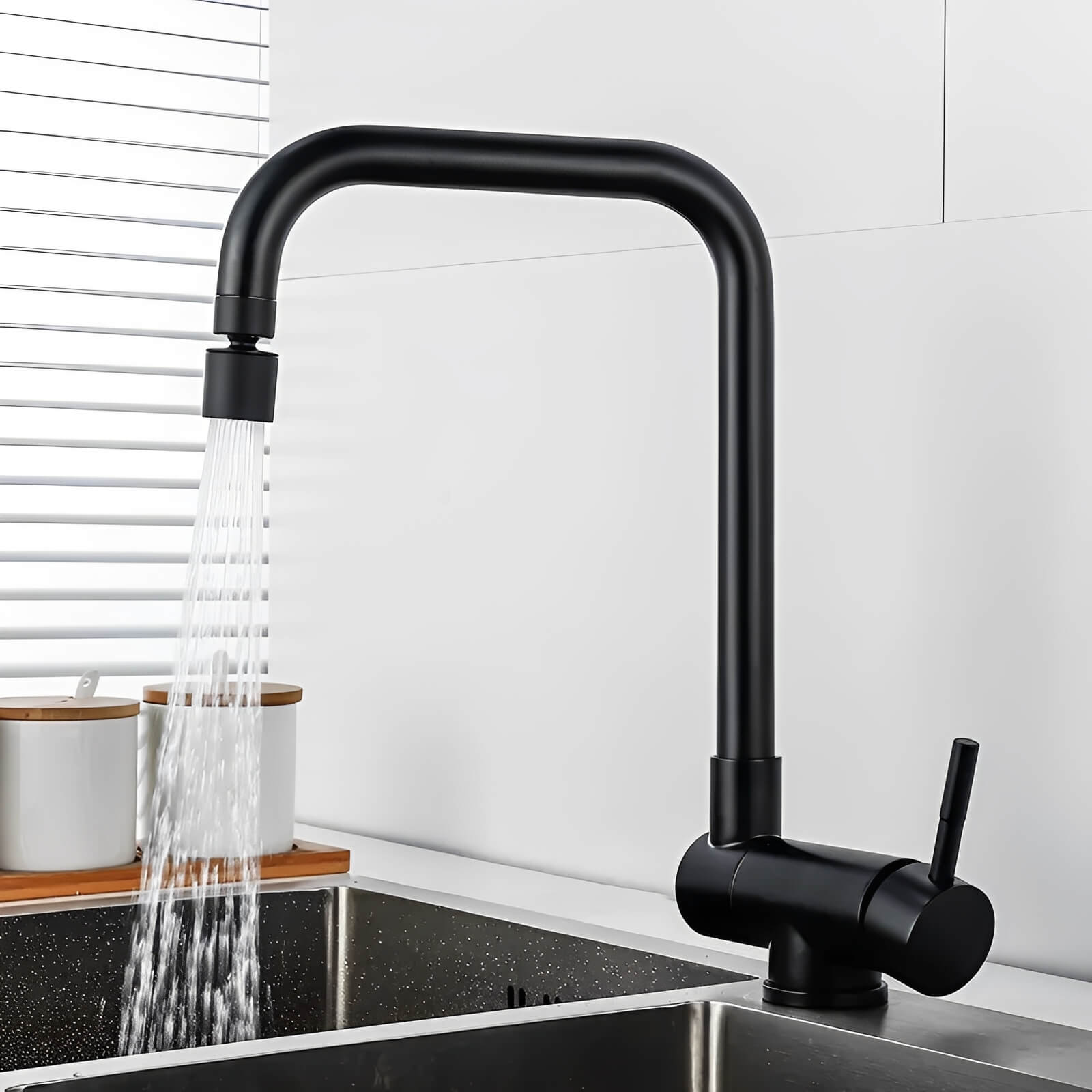 Folding kitchen faucet in stainless steel with dual-axis rotation