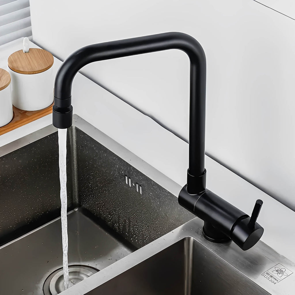 Folding kitchen faucet in stainless steel with dual-axis rotation