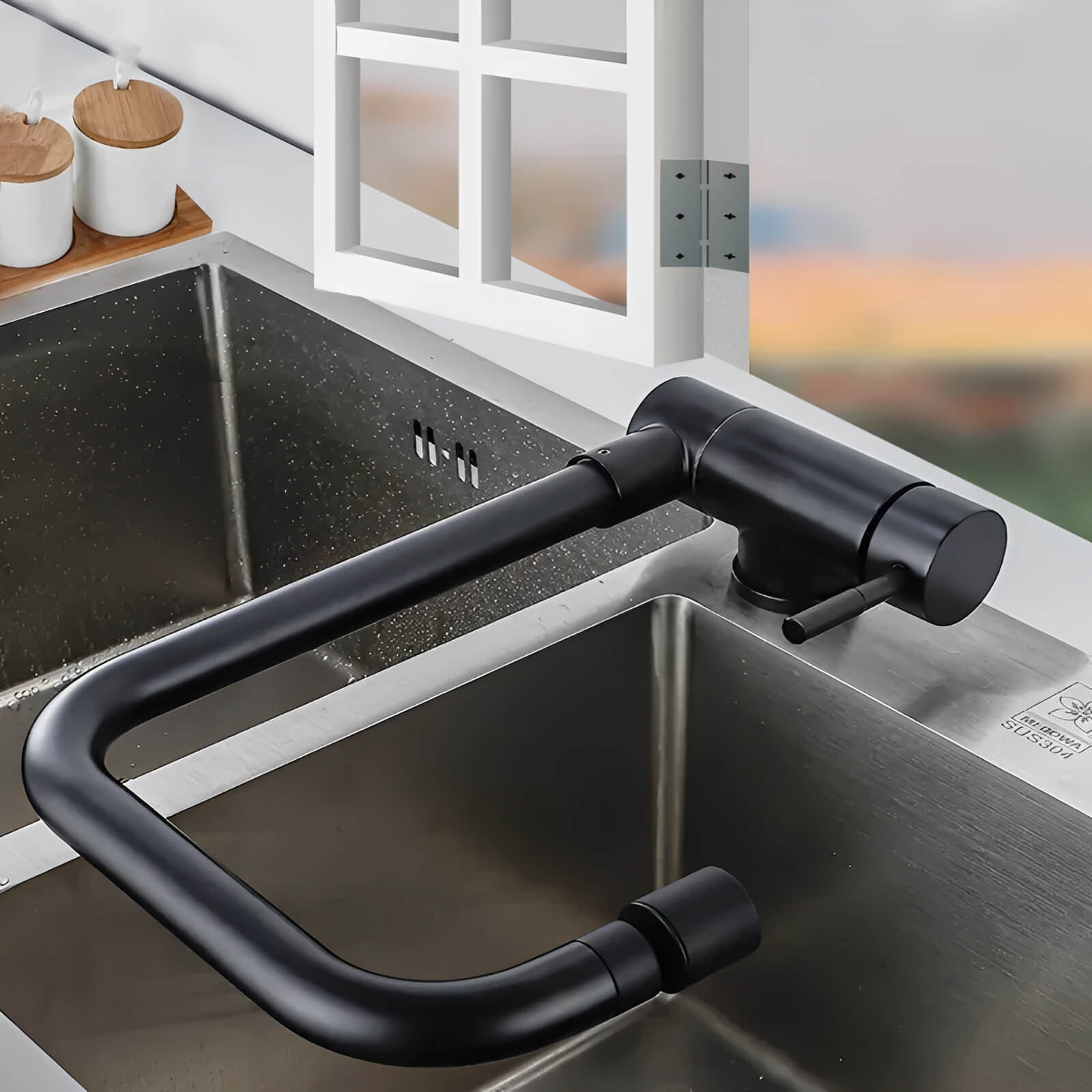 Folding kitchen faucet in stainless steel with dual-axis rotation