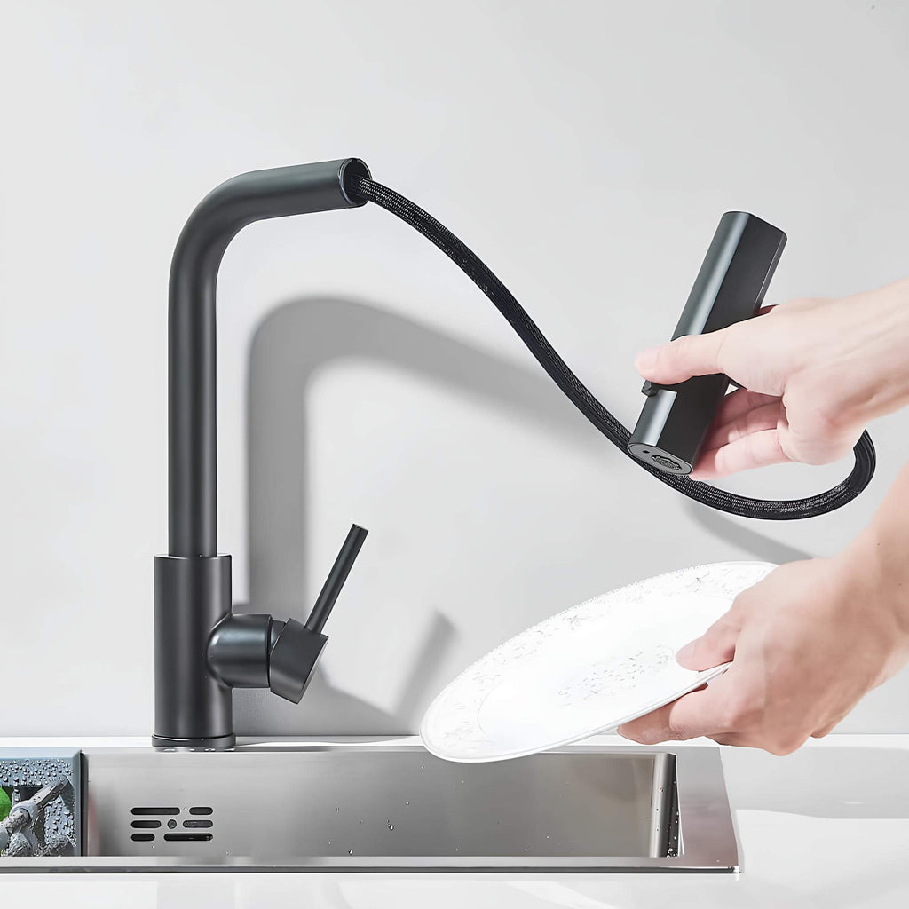 Kitchen faucet with 360° swivel spout and multi-function pull-down sprayer