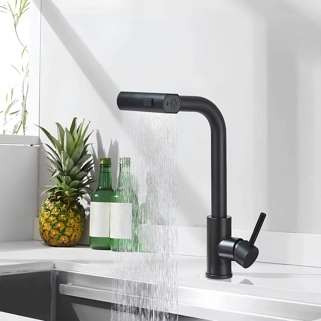 Kitchen faucet with 360° swivel spout and multi-function pull-down sprayer