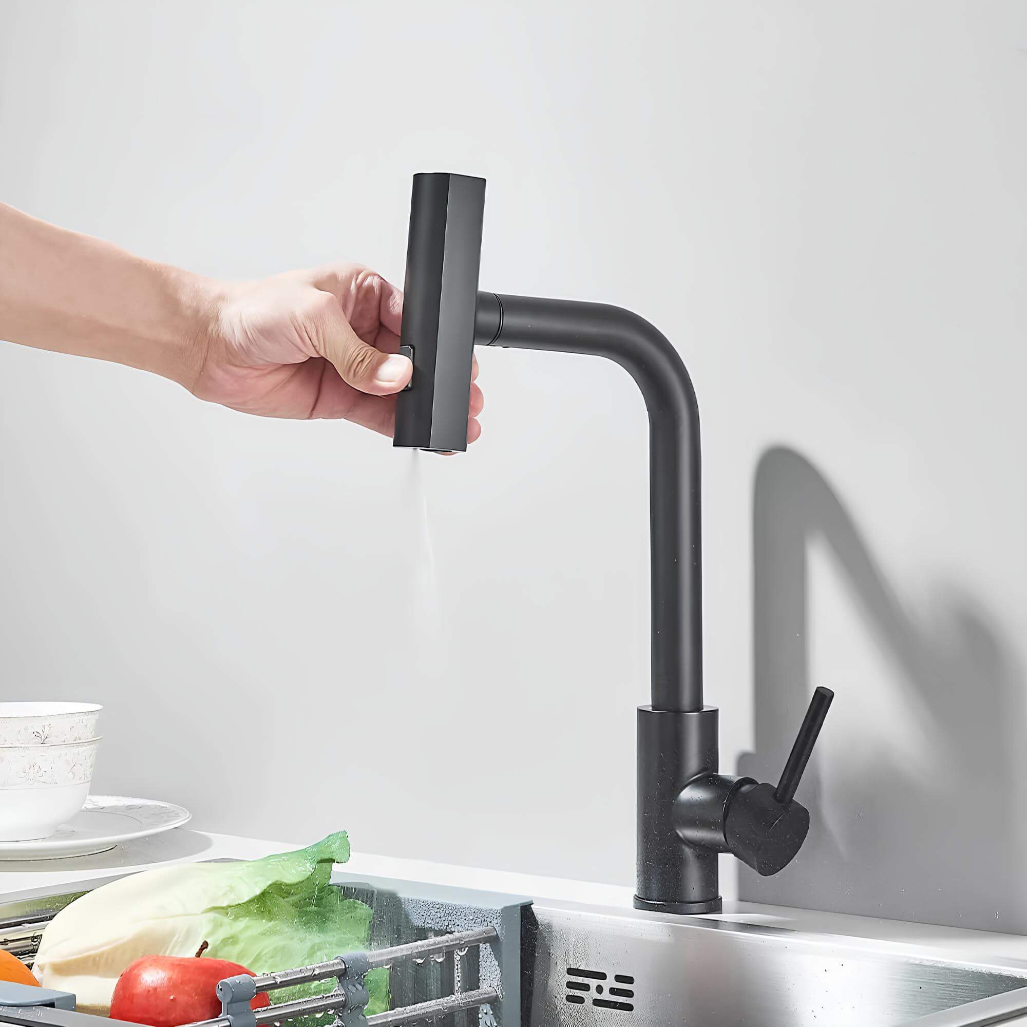 Kitchen faucet with 360° swivel spout and multi-function pull-down sprayer