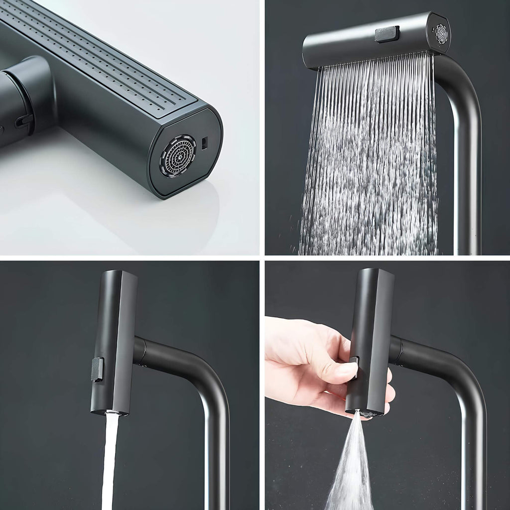 Kitchen faucet with 360° swivel spout and multi-function pull-down sprayer