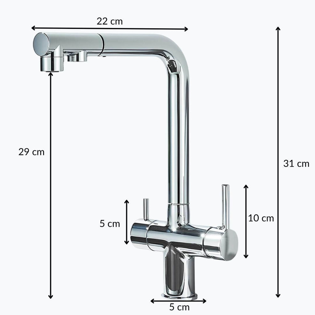 Dual-handle kitchen faucet with filtered water outlet and bendable gooseneck