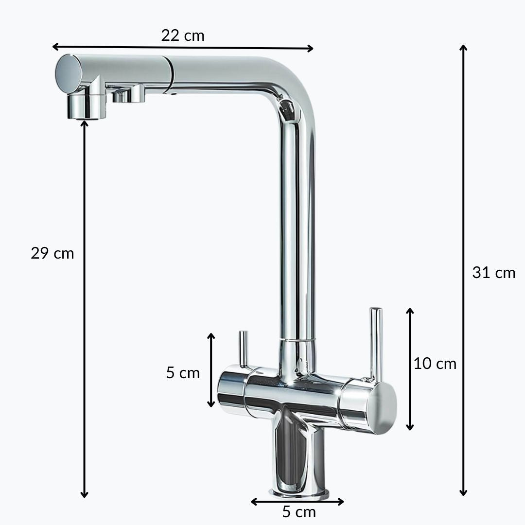 Dual-handle kitchen faucet with filtered water outlet and bendable gooseneck
