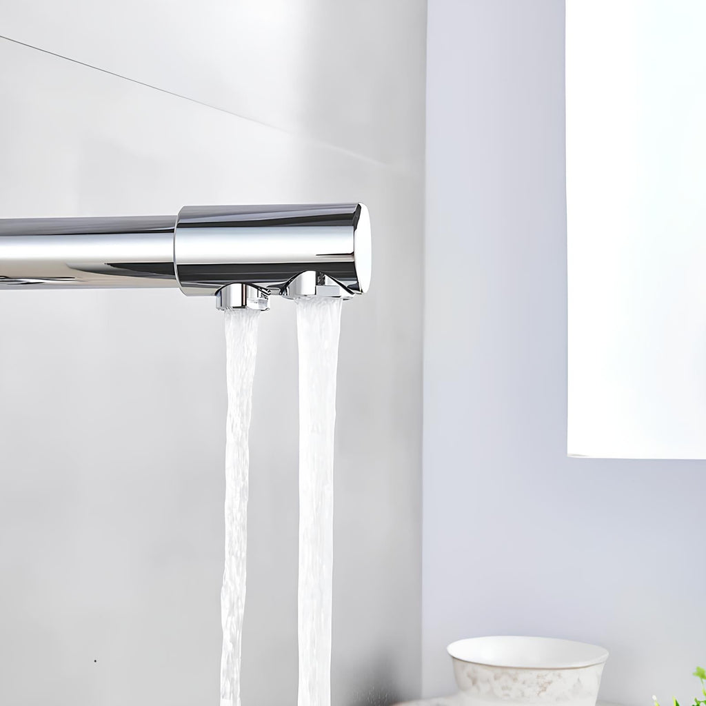 Dual-handle kitchen faucet with filtered water outlet and bendable gooseneck
