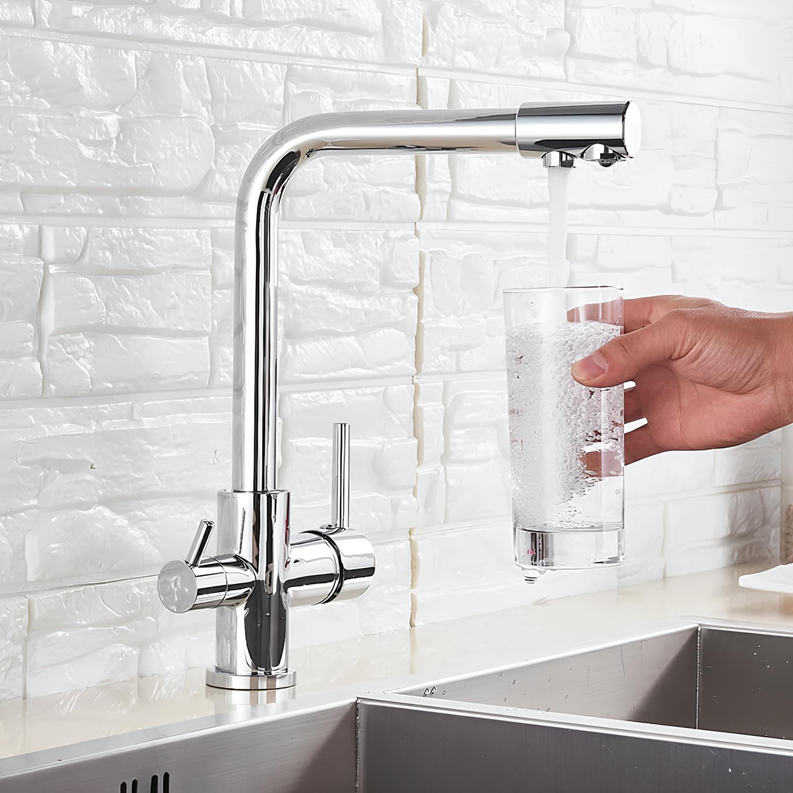 Dual-handle kitchen faucet with filtered water outlet and bendable gooseneck