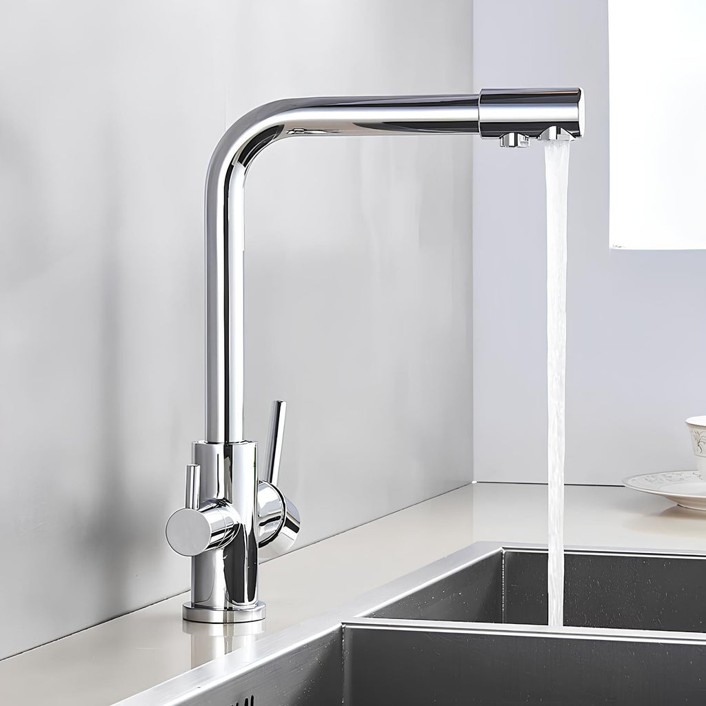 Dual-handle kitchen faucet with filtered water outlet and bendable gooseneck