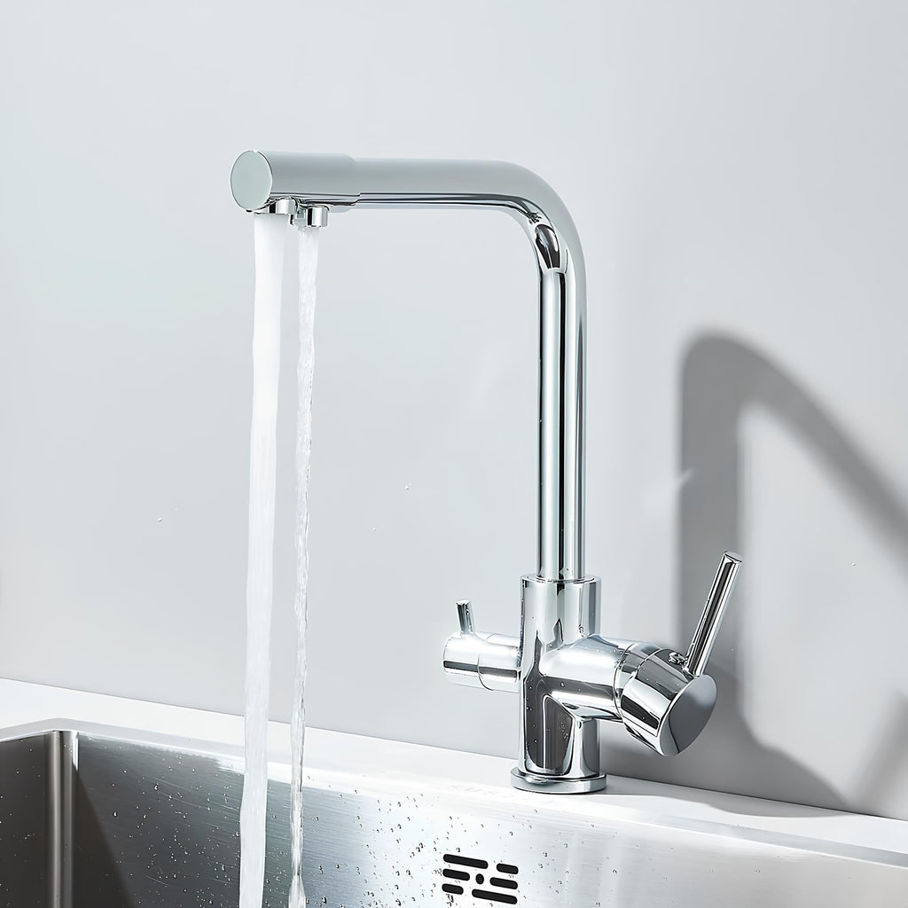 Dual-handle kitchen faucet with filtered water outlet and bendable gooseneck