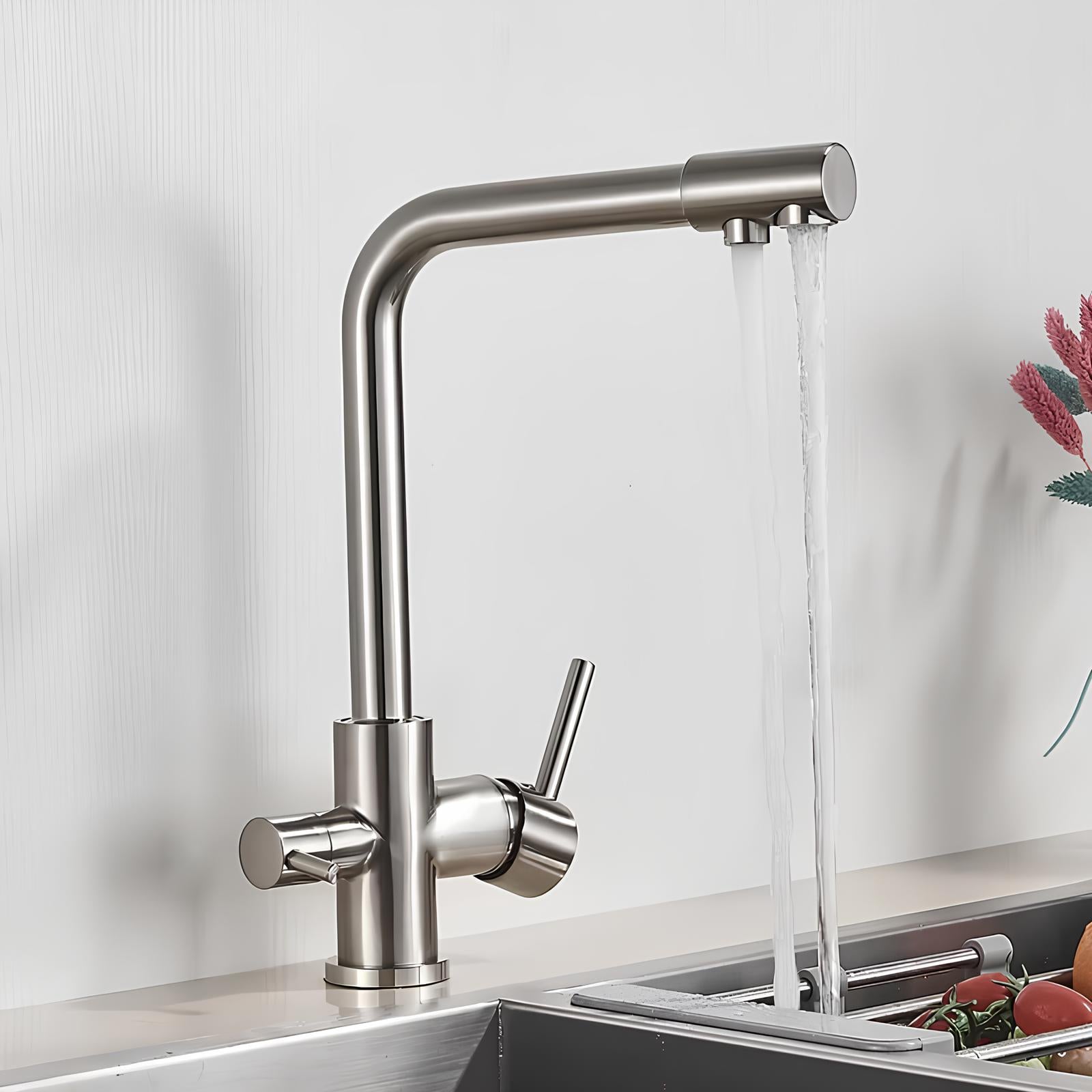 Dual-handle kitchen faucet with filtered water outlet and bendable gooseneck