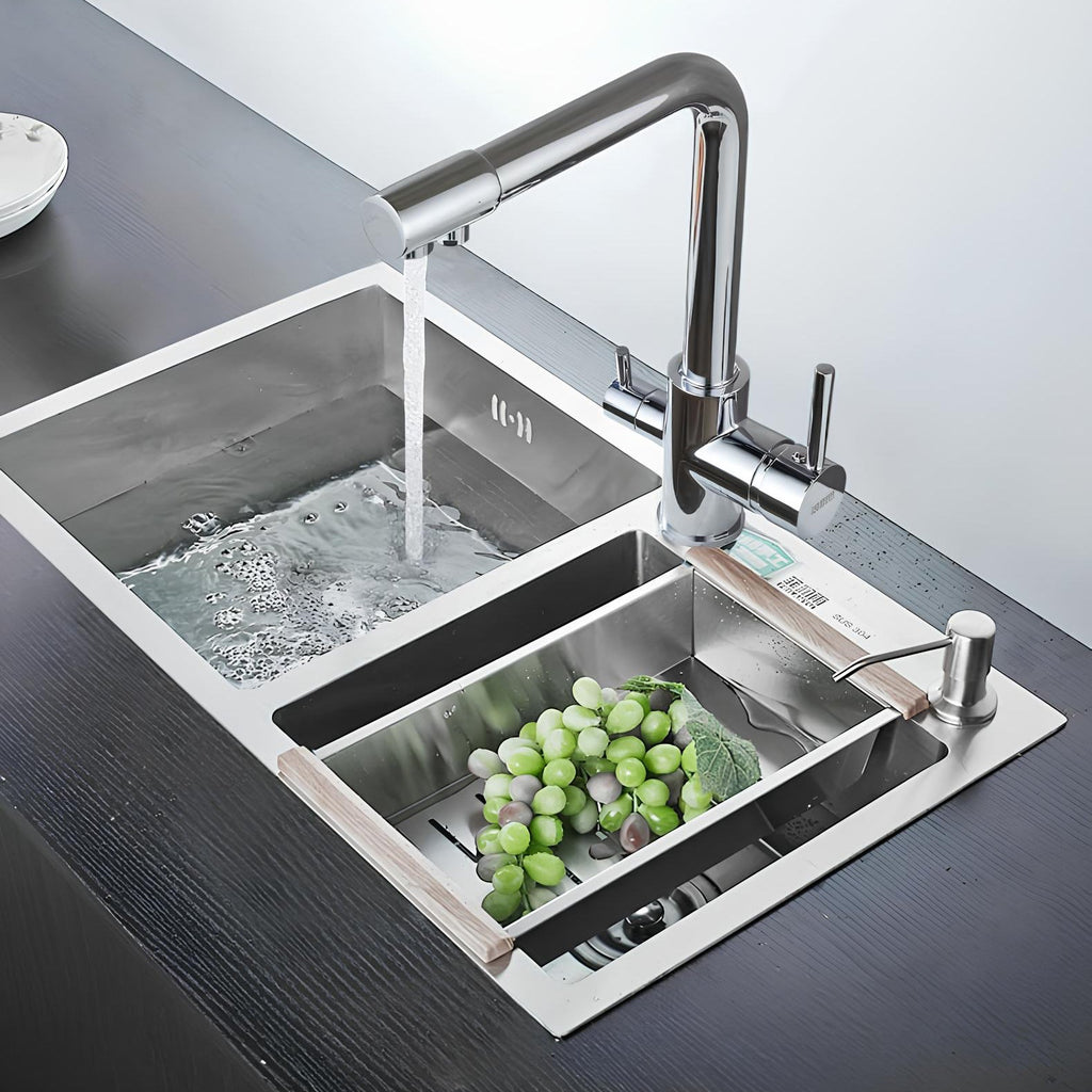 Dual-handle kitchen faucet with filtered water outlet and bendable gooseneck