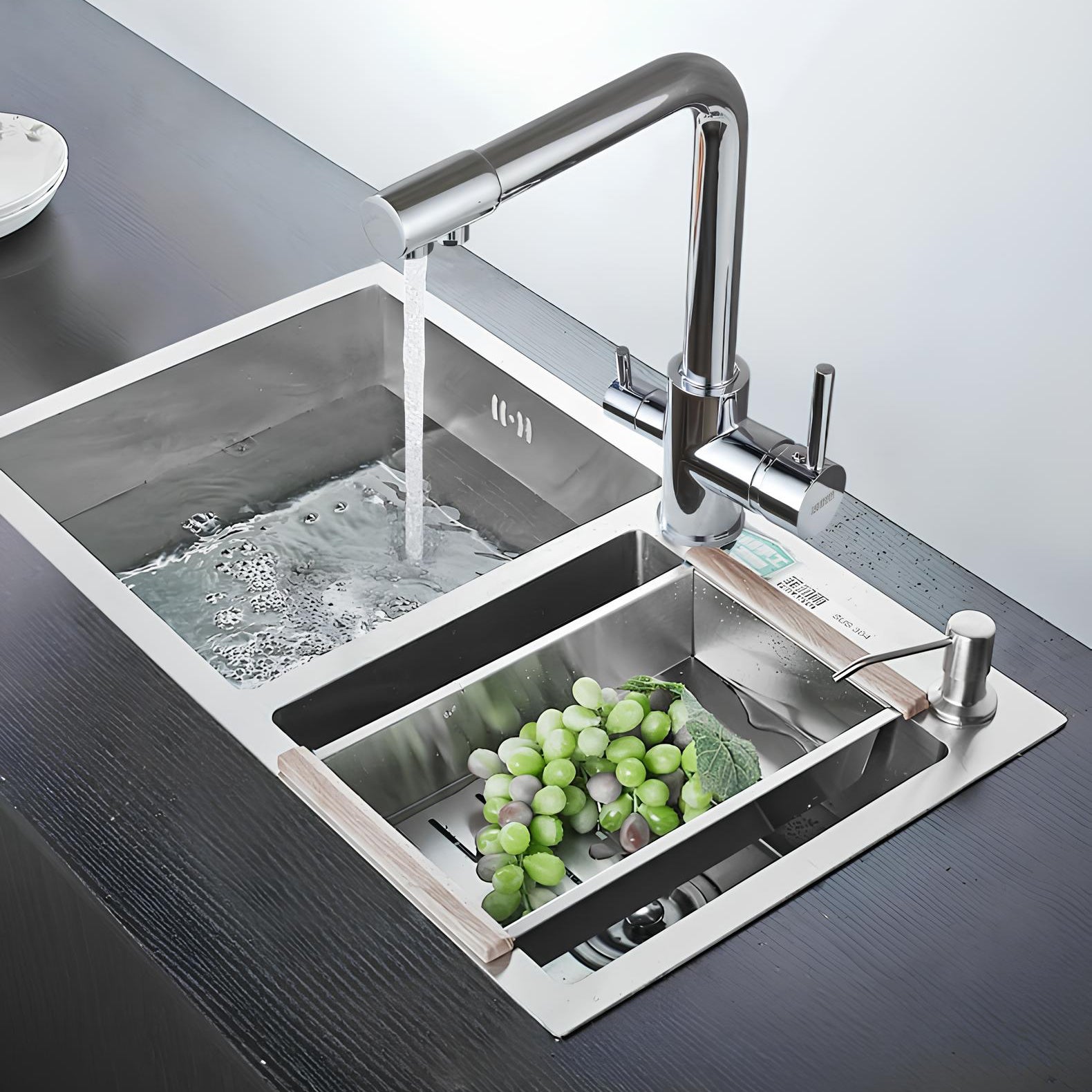 Dual-handle kitchen faucet with filtered water outlet and bendable gooseneck
