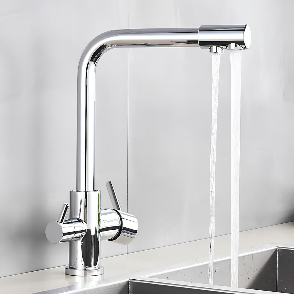 Dual-handle kitchen faucet with filtered water outlet and bendable gooseneck
