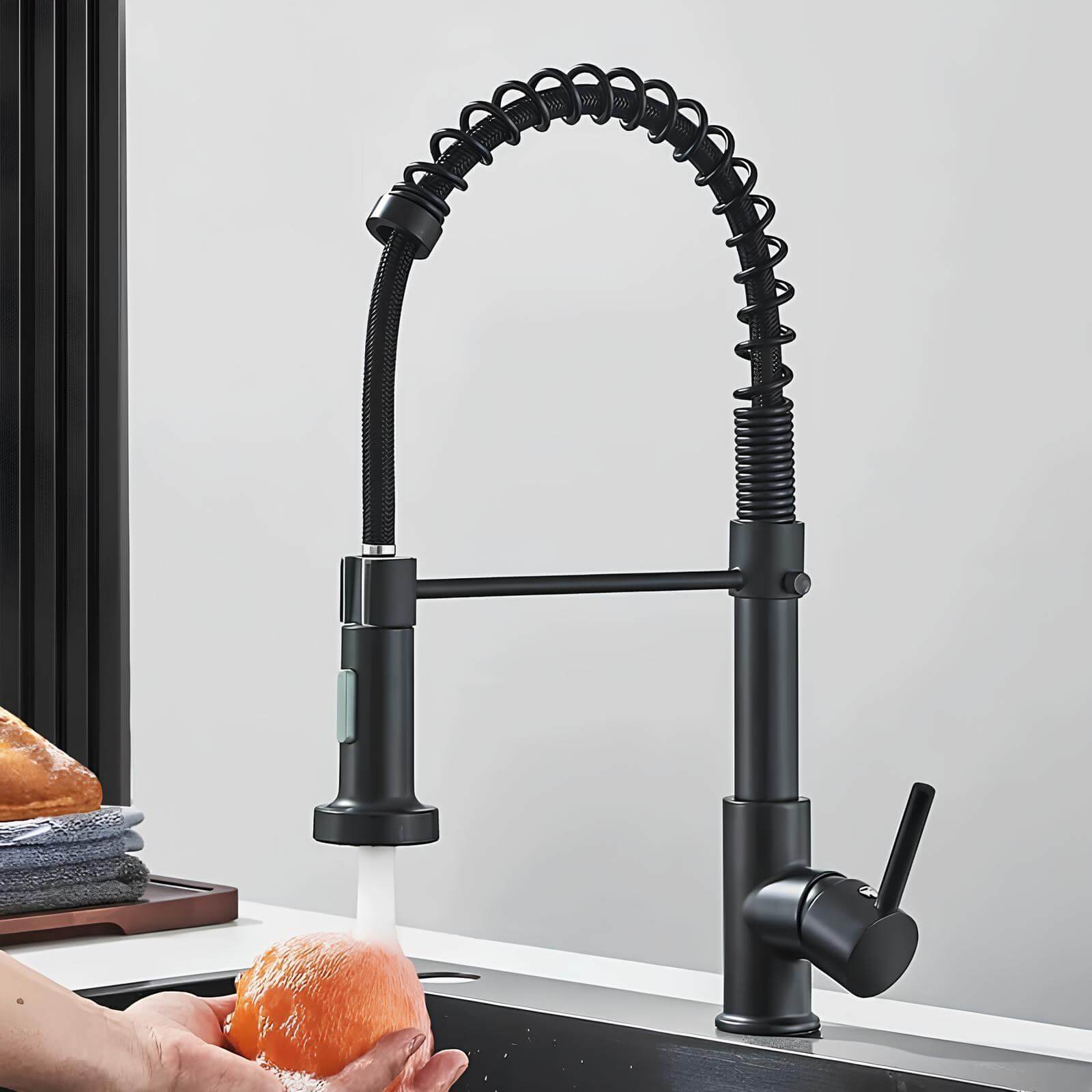 Elegant spring kitchen faucet with dual-spray pull-down and swivel spout